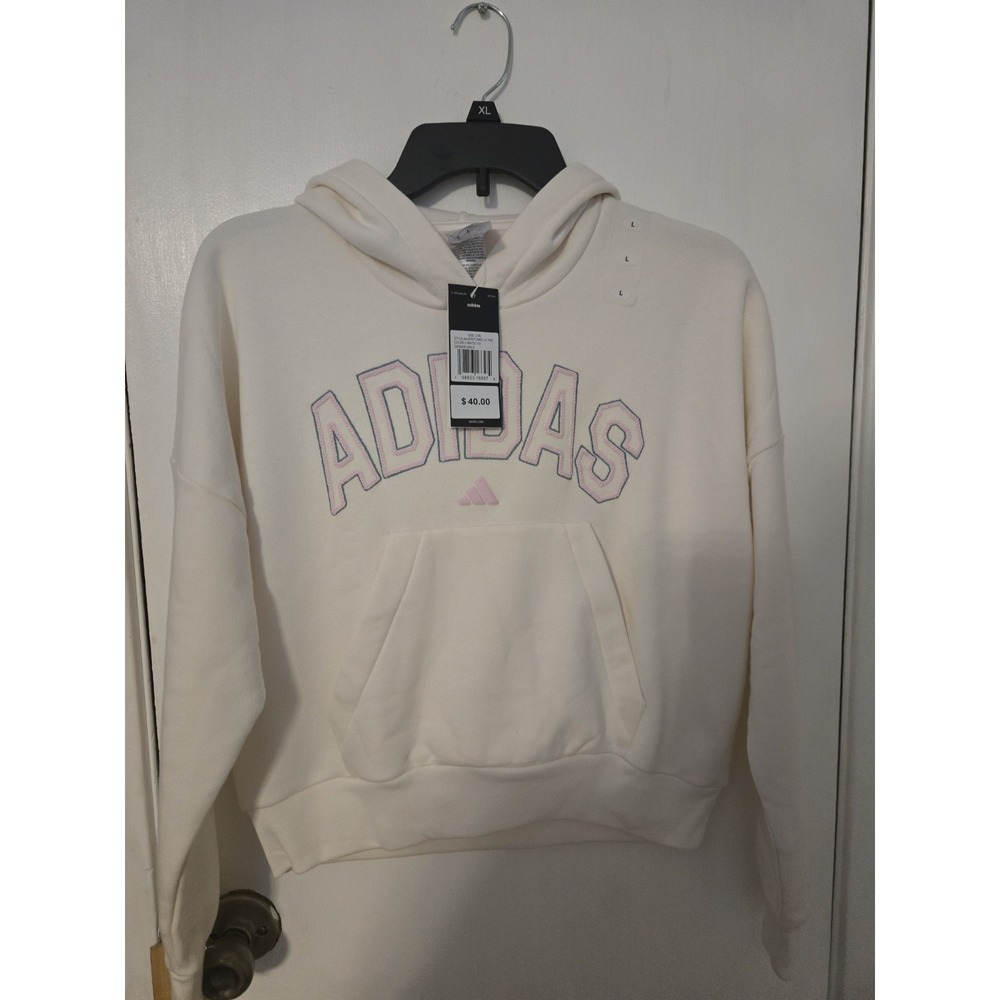 Girls Adidas Large 14 Hoodie Fleece Long Sleeve White Loose Fit Pullover W Logo
